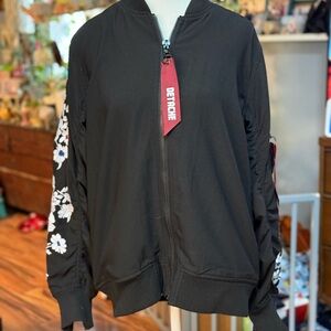 DETACHE Black Bomber Jacket Floral Embroidery Streetwear Small Oversize to large